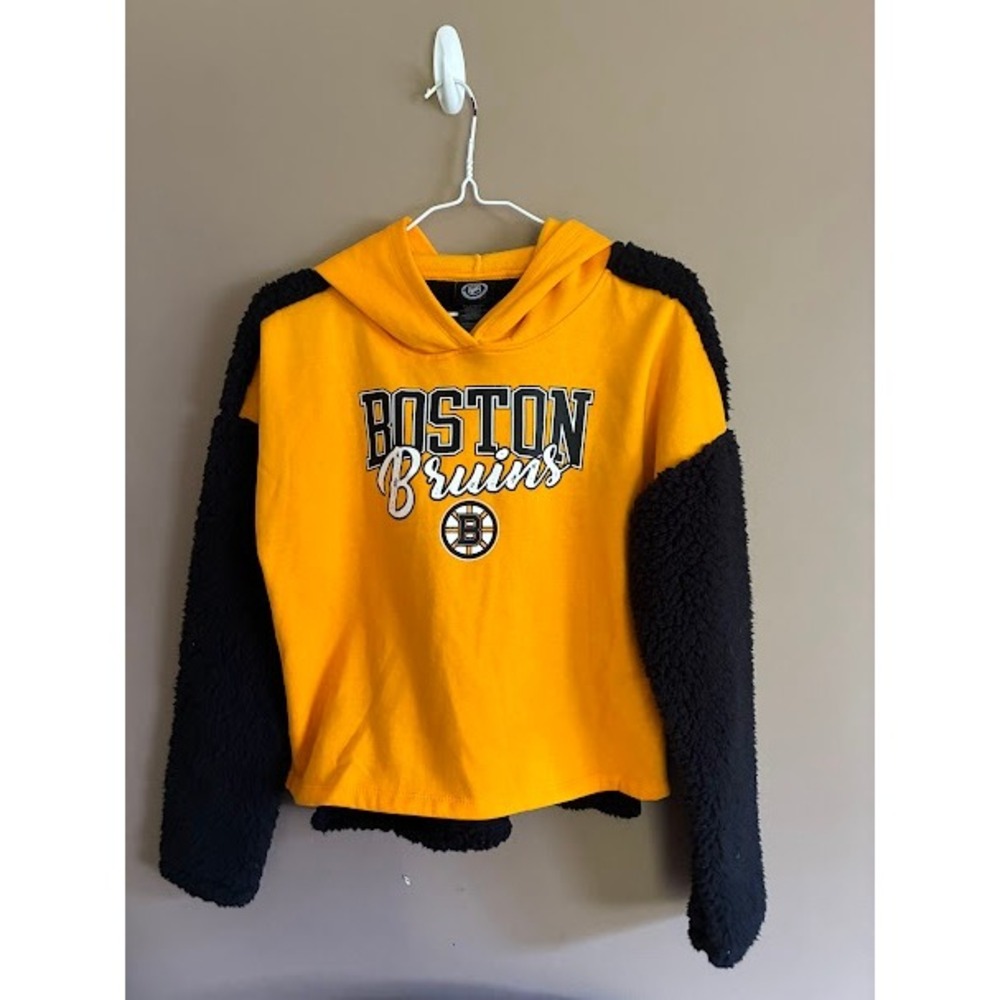 NHL Boston Bruins Kids Hoodie Yellow Black Sherpa Fleece Sweatshirt XL 14/16